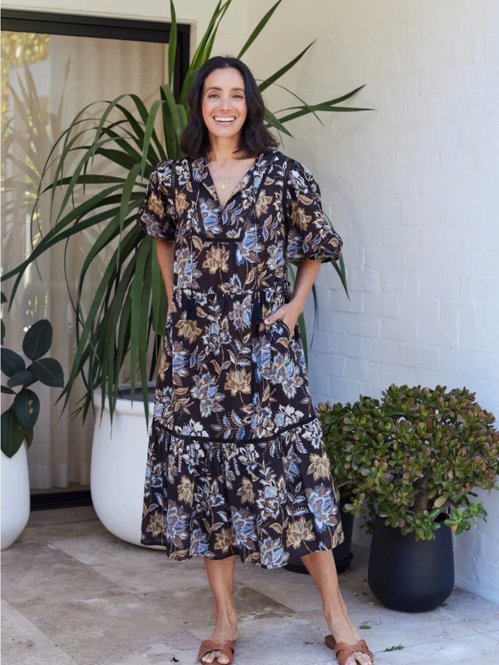 Maye Saskia Floral Puff-Sleeve Midi Cotton Dress